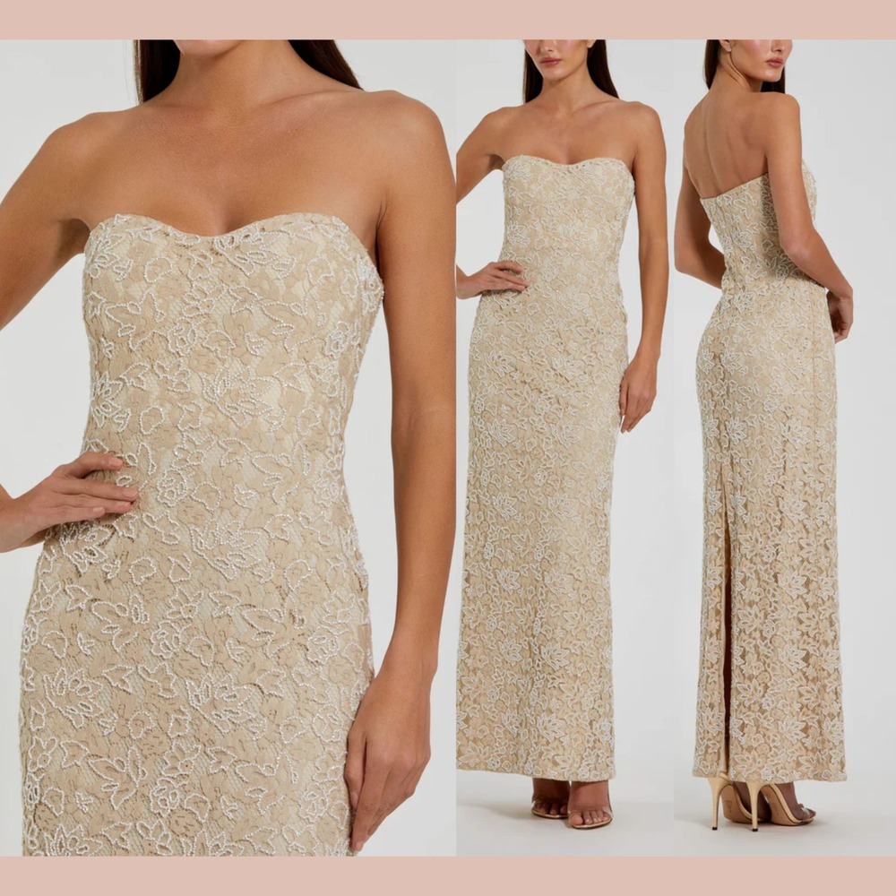 NWT MAC DUGGAL [ 10 ] 24067‎  Strapless Beaded Lace Column Gown Beige J2325